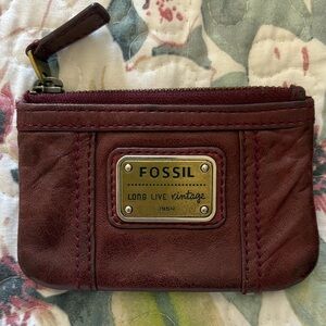 FOSSIL Maroon Leather Card Case with Keychain